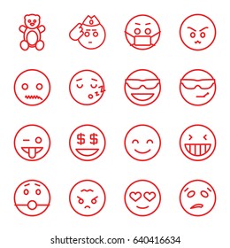 Funny icons set. set of 16 funny outline icons such as teddy bear, laughing emot, smiling emot, emoji showing tongue, dollar smiley