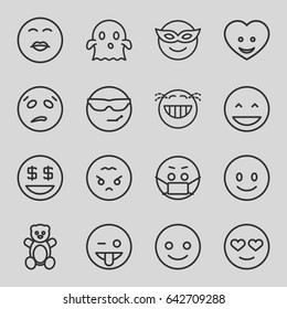 Funny icons set. set of 16 funny outline icons such as teddy bear, heart face, smiling emot, laughing emot, emoji in mask, emoji showing tongue, ghost, dollar smiley