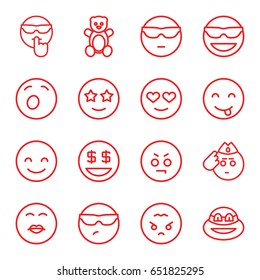 Funny icons set. set of 16 funny outline icons such as teddy bear, smiling emot, emot in sun glasses, happe emoji with star eyes, dollar smiley, angry emoji