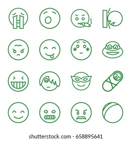 Funny icons set. set of 16 funny outline icons such as laughing emot, smiling emot, emoji in mask, shy emoji, ninja, newborn child