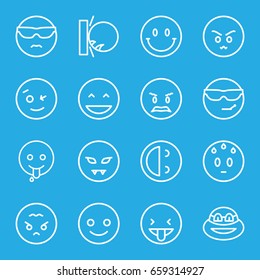 Funny icons set. set of 16 funny outline icons such as smiling emot, laughing emot, emoji showing tongue, angry emoji, ninja