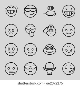 Funny icons set. set of 16 funny outline icons such as mouse toy, hat and moustache, smiling emot, laughing emot, angry emoji