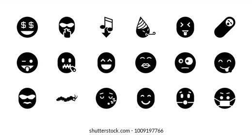 Funny icons. set of 18 editable filled funny icons: emoji showing tongue, emot showing tongue, kiss emot, dollar smiley, emoji in mask, newborn child, eating mouth
