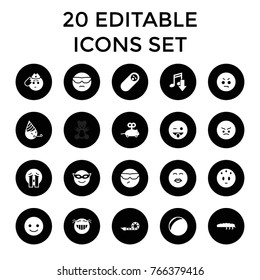 Funny icons. set of 20 editable filled funny icons such as mouse toy, smiling emot, emoji in mask, cool emot in sunglasses, emoji showing tongue, crying emoji, eating mouth