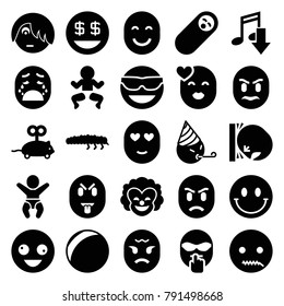 Funny Icons. Set Of 25 Editable Filled Funny Icons Such As Mouse Toy, Crazy Emot, Emot In Sun Glasses, Dollar Smiley, Eating Mouth, Newborn Child, Plastic Ball, Caterpillar