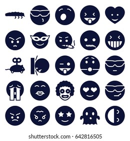 Funny icons set. set of 25 funny filled icons such as mouse toy, laughing emot, emoji in mask, cool emot in sunglasses, emoji showing tongue, ghost, caterpillar, heart face