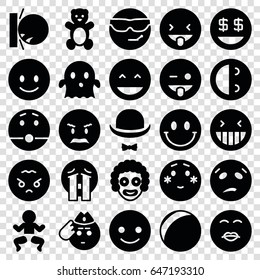 Funny icons set. set of 25 funny filled icons such as teddy bear, smiling emot, laughing emot, emoji showing tongue, shy emoji, ghost, dollar smiley, hat and moustache, smiley