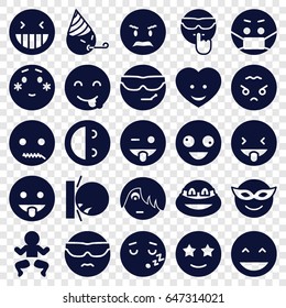 Funny icons set. set of 25 funny filled icons such as crazy emot, laughing emot, emoji in mask, emoji showing tongue, ninja, heart face
