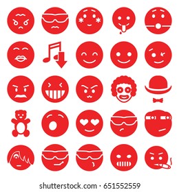 Funny icons set. set of 25 funny filled icons such as teddy bear, smiling emot, laughing emot, shy emoji, emoji showing tongue, hat and moustache, eating mouth