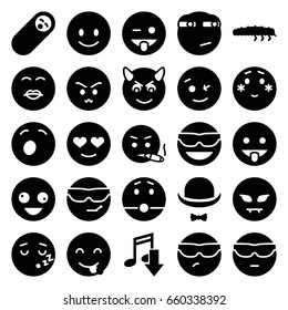 Funny icons set. set of 25 funny filled icons such as crazy emot, smiling emot, emoji showing tongue, shy emoji, rolling eyes emoji, caterpillar, hat and moustache