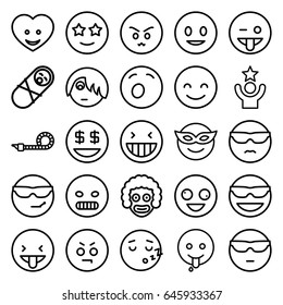 Funny icons set. set of 25 funny outline icons such as heart face, party pipe, smiling emot, crazy emot, emoji in mask, emoji showing tongue, happe emoji with star eyes