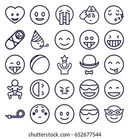 Funny icons set. set of 25 funny outline icons such as heart face, party pipe, hat and moustache, smiling emot, laughing emot, emoji in mask, emoji showing tongue, celebrity