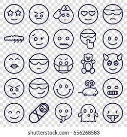 Funny icons set. set of 25 funny outline icons such as teddy bear, mouse toy, caterpillar, smiling emot, wink emot, ghost, happe emoji with star eyes, emoji in mask