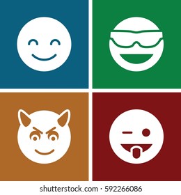 funny icons set. Set of 4 funny filled icons such as smiling emot, emot in sun glasses, emoji showing tongue