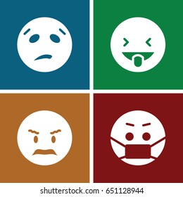 Funny icons set. set of 4 funny filled icons such as angry emot, sweating emot, showing tongue emot