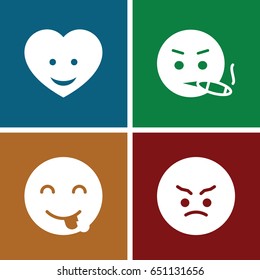 Funny icons set. set of 4 funny filled icons such as angry emot, emot showing tongue, smoking emot