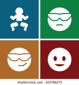 Funny icons set. set of 4 funny filled icons such as smiling emot, cool emot in sunglasses