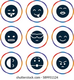funny icons set. Set of 9 funny filled icons such as smiling emot, cool emot in sunglasses