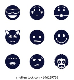 Funny icons set. set of 9 funny filled icons such as emot in sun glasses, shy emoji, kiss emot, smiley