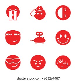 Funny icons set. set of 9 funny filled icons such as mouse toy, cool emot in sunglasses, angry emot, crying emoji, rolling eyes emoji