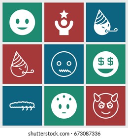 Funny icons set. set of 9 funny filled and outline icons such as smiling emot, sweating emot, dollar smiley, celebrity