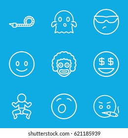 Funny icons set. set of 9 funny outline icons such as party pipe, smiling emot, cool emot in sunglasses, ghost, dollar smiley, newborn child