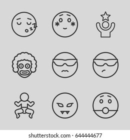 Funny icons set. set of 9 funny outline icons such as cool emot in sunglasses, shy emoji, devil emot, celebrity, newborn child