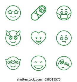 Funny icons set. set of 9 funny outline icons such as heart face, laughing emot, emoji in mask, angry emot, happe emoji with star eyes