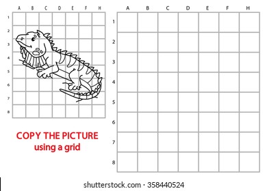 funny iguana game. Vector illustration of grid copy puzzle with happy cartoon iguana for children