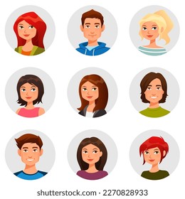 funny illustrated portraits of young people, teenagers or students, suitable as avatar, with simple circle background. Cartoon character. Vector eps file.