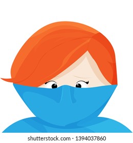 Funny illustration about fashion. A red haired young woman puts on a turtleneck sweater. The turtleneck is tight and long, the woman's nose gets stuck and only the eyes look out.