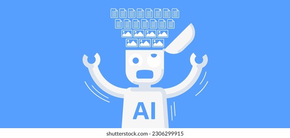 Funny illustration of AI learning. Uploading information to the robot's head. Awkward looking robot. Vector illustration