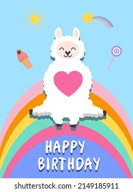 Funny illustration with alpaca unicorn and rainbow. Invitation or greeting card. Happy birthday greeting card. Editable vector illustration EPS