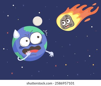 Funny illustration of asteroid towards scared planet Earth is producing a possible impact massive extinction