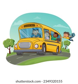 Funny illustration Back to school. Kids riding on school bus. vector illustration