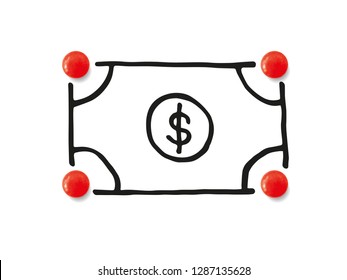 Funny illustration of a banknote - Dollar. In the corners red candy.  Isolated on white background. Use as illustrations for business letter, invitation,  notification, web, banner etc. Vector eps 10