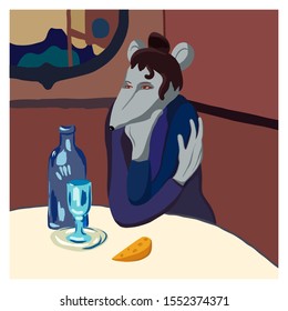 Funny illustration based on the work of Picasso. The mouse is a symbol of the new 2020
according to the Chinese calendar - going to drink absinthe. Funny and funny picture. Vector.