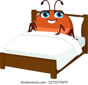 Funny illustration of bed bug in Bed smiling happy vector cartoon character. Comic concept of 