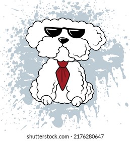Funny illustration with a Bichon dog in glasses and tie.  Sketch drawn by hand, complemented by watercolor blots. Vector can be used for printing on fabric, as a graphic design element.