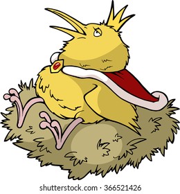 Funny illustration of a bird dressed as a king and sitting in the nest