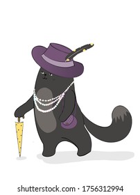 Funny illustration of the black cat. Flat cartoon character of the lady cat in a hat with an umbrella