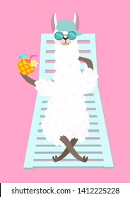 Funny illustration with cartoon llama and cocktail. Vector summer template.