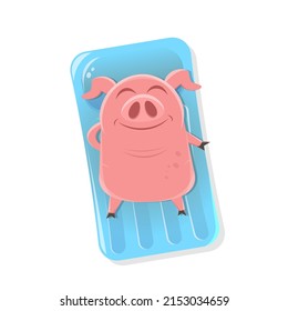 funny illustration of a cartoon pig lying on an air mattress