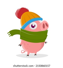 funny illustration of a cartoon pig with wool hat and scarf