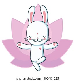 Funny illustration with cartoon rabbit doing tree position of yoga.