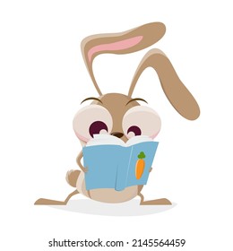 funny illustration of a cartoon rabbit reading a book about carrots