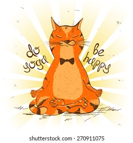 Funny Illustration With Cartoon Red Cat Sitting On Lotus Position Of Yoga.