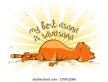 Funny illustration with cartoon red cat doing savasana position of yoga.