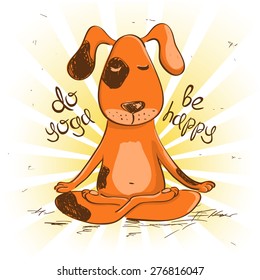 Funny illustration with cartoon red dog sitting on lotus position of yoga.