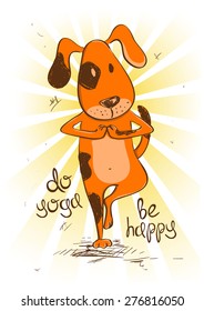 Funny illustration with cartoon red dog doing tree position of yoga.